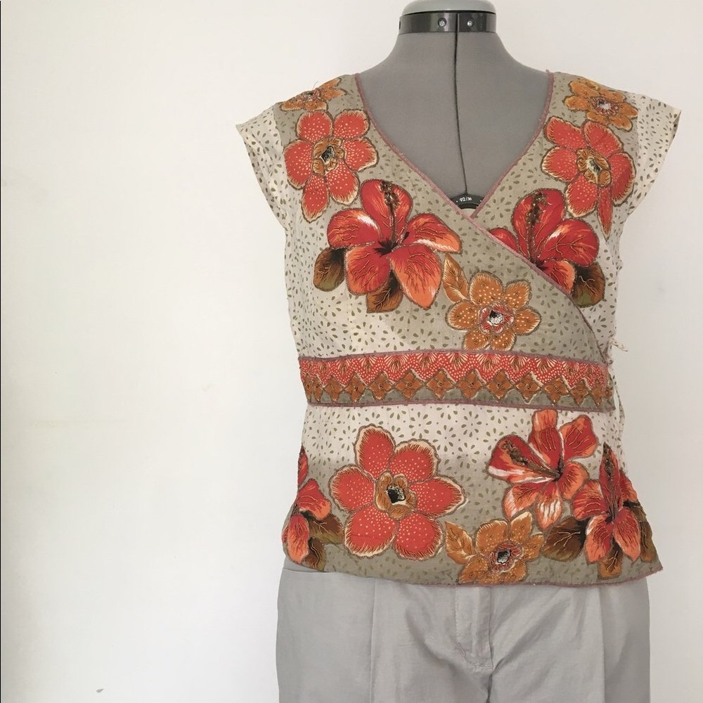Monsoon Embroidered Floral Wrap Blouse - size 10
